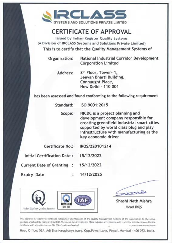IRCLASS ISO 9001:2015 certificate — National Industrial Corridor Development Corporation Limited